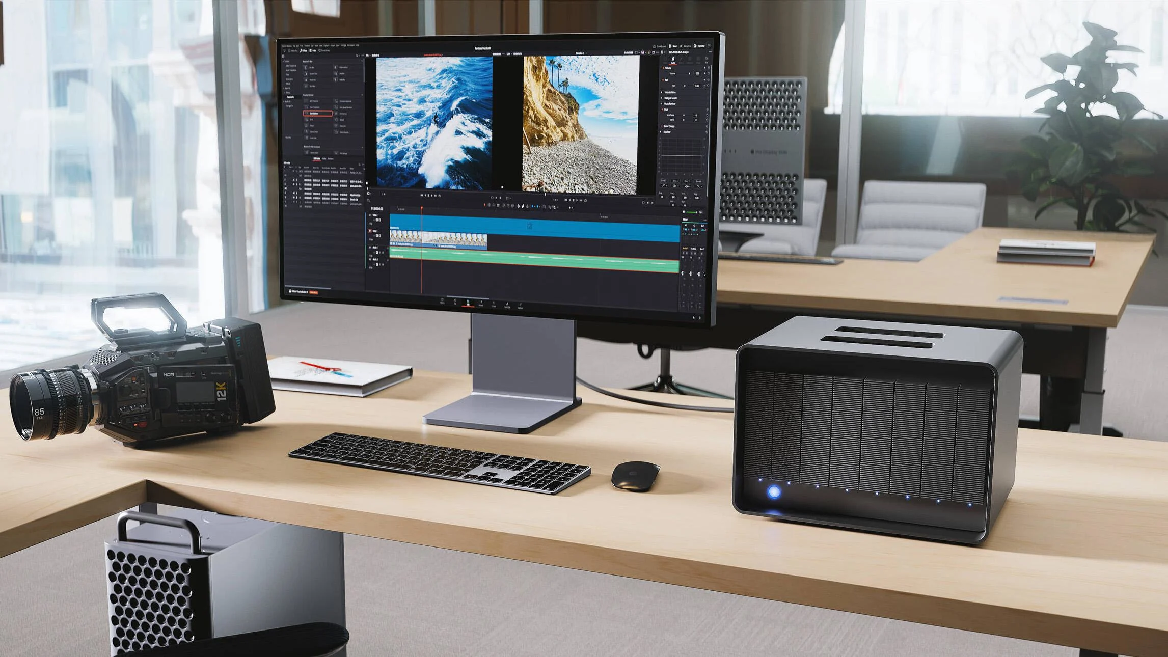 Video editor reviewing high-resolution commercial footage on a professional editing workstation in Kenya.