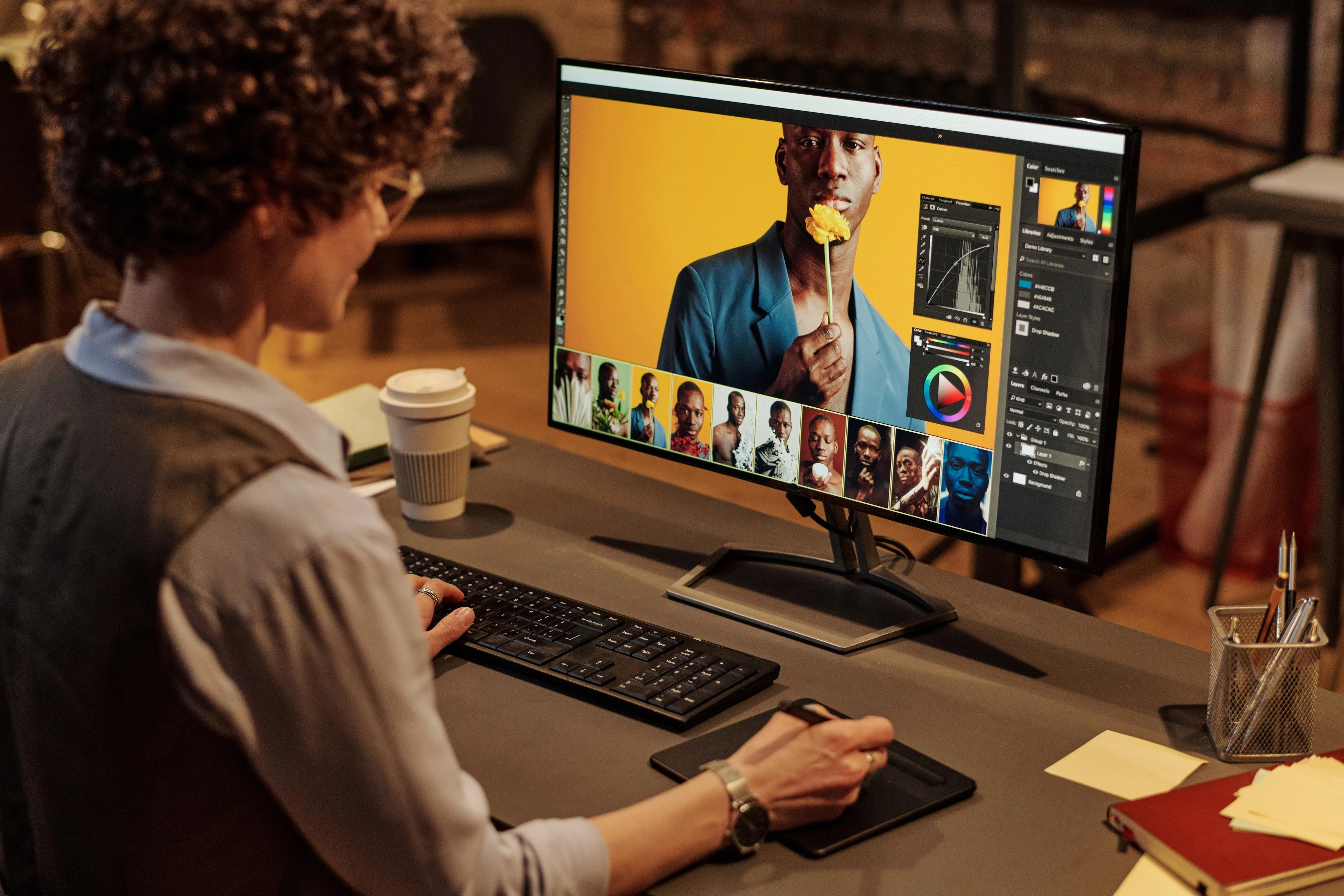 Professional photographer editing RAW commercial images on a calibrated monitor