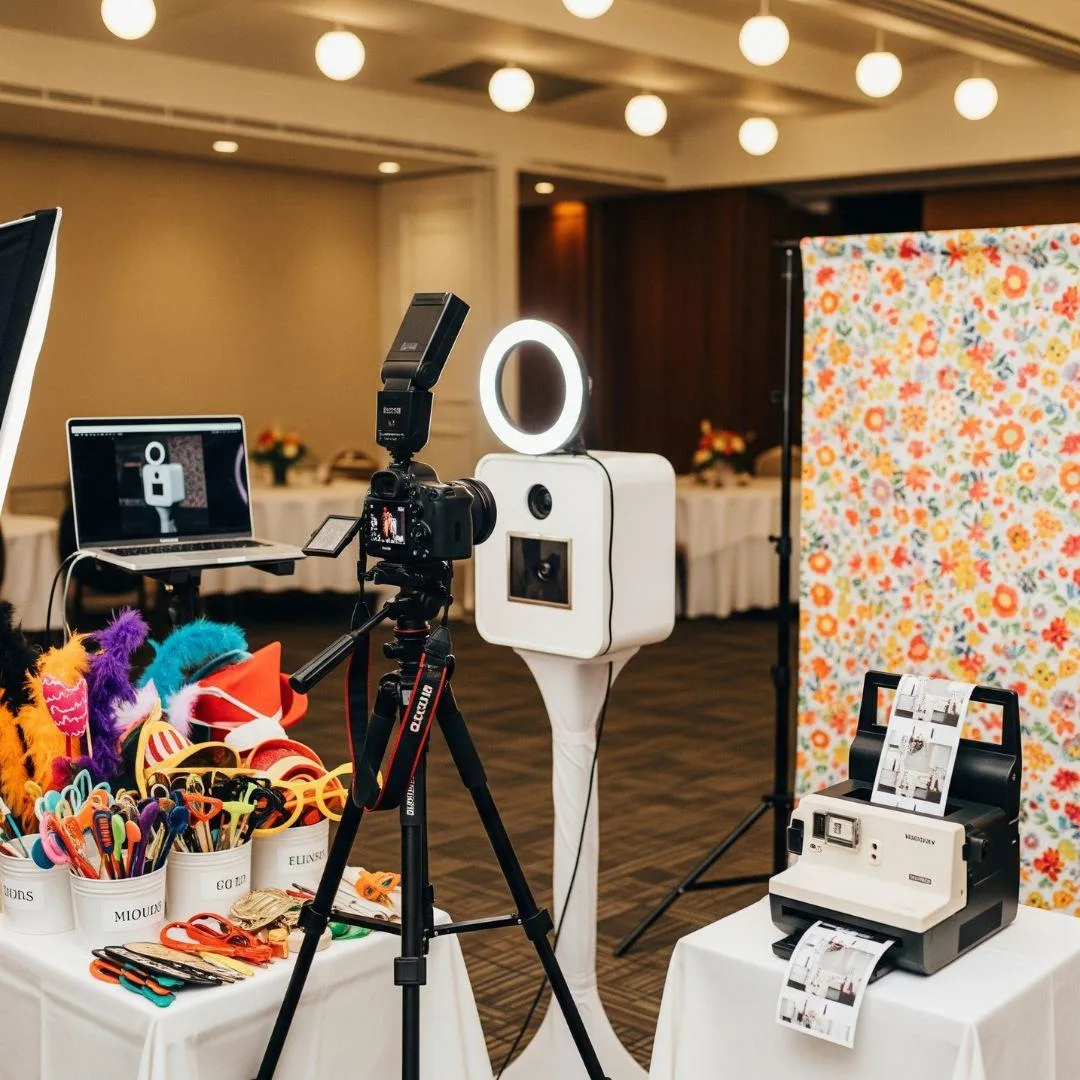 Professional digital guestbook hardware setup with DSLR camera and branded kiosk