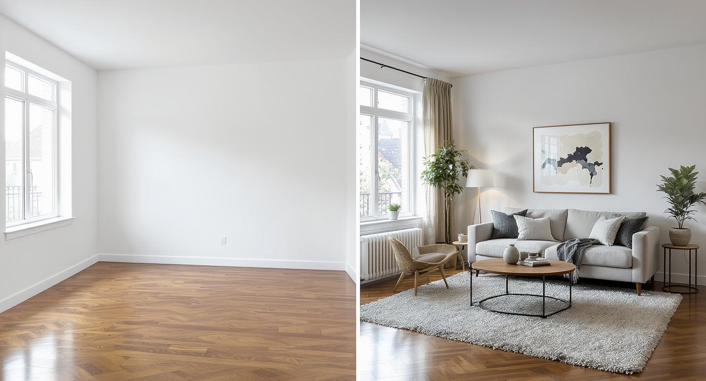 Image of a house before and after it was furnished