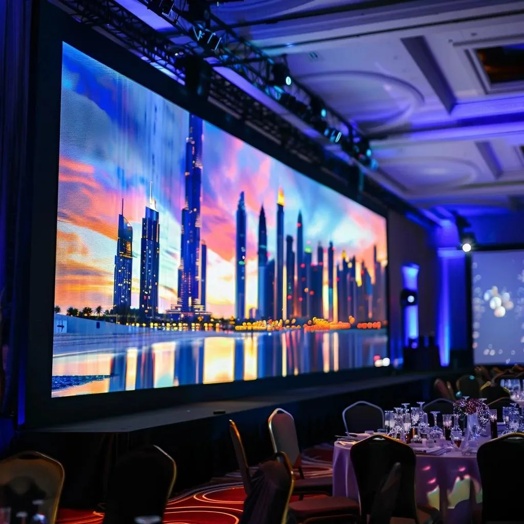 LED video wall used as a dynamic photo booth backdrop at a corporate event