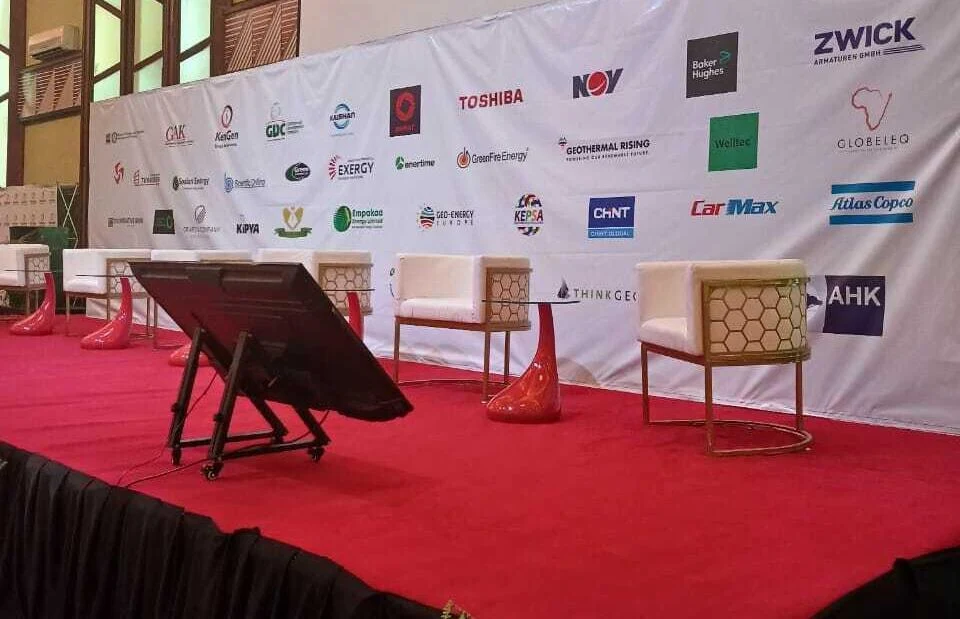 Custom branded media wall featuring sponsor logos at a Nairobi awards ceremony