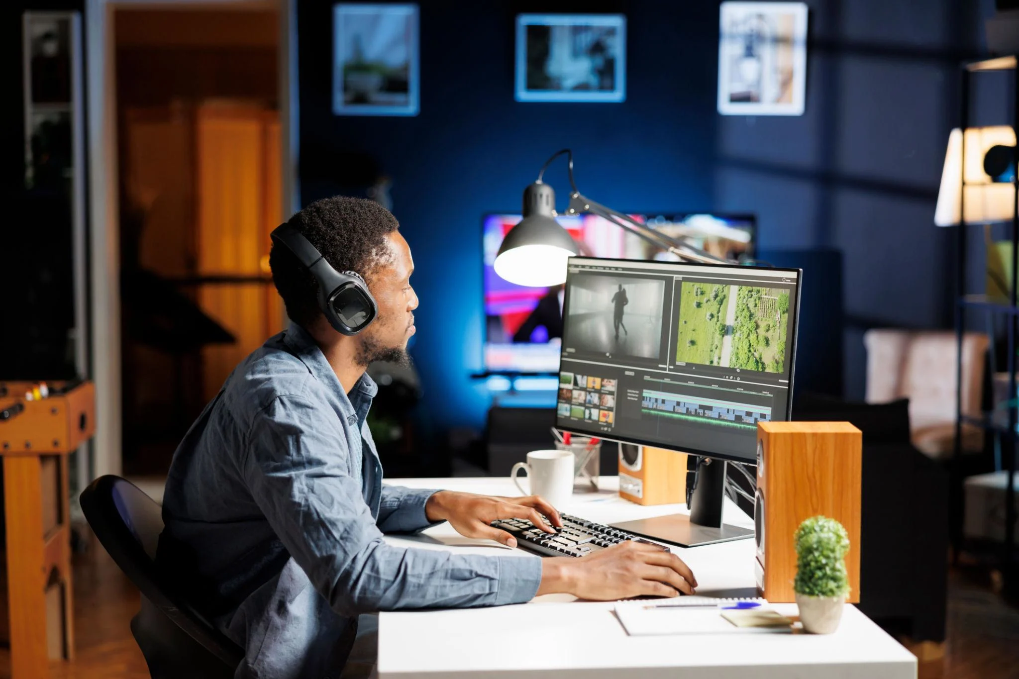 Professional photographer editing high-resolution images on a workstation