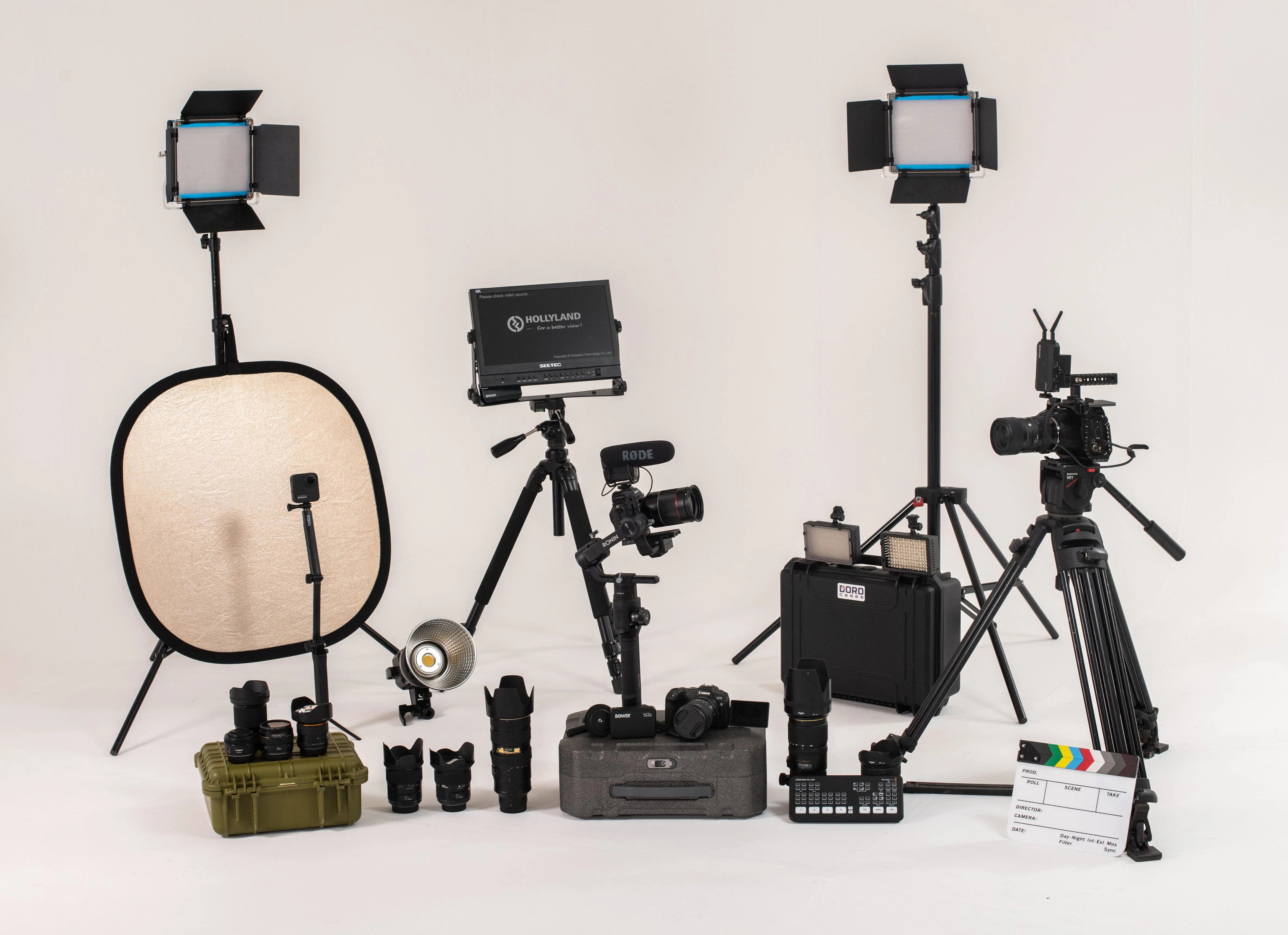 Complete professional YouTube video production equipment including cameras lighting and audio gear